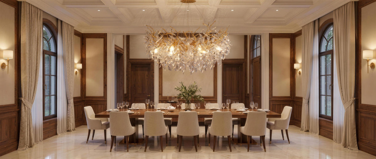 Albero chandelier as the centerpiece of a formal coffered dining room, lifestyle scene