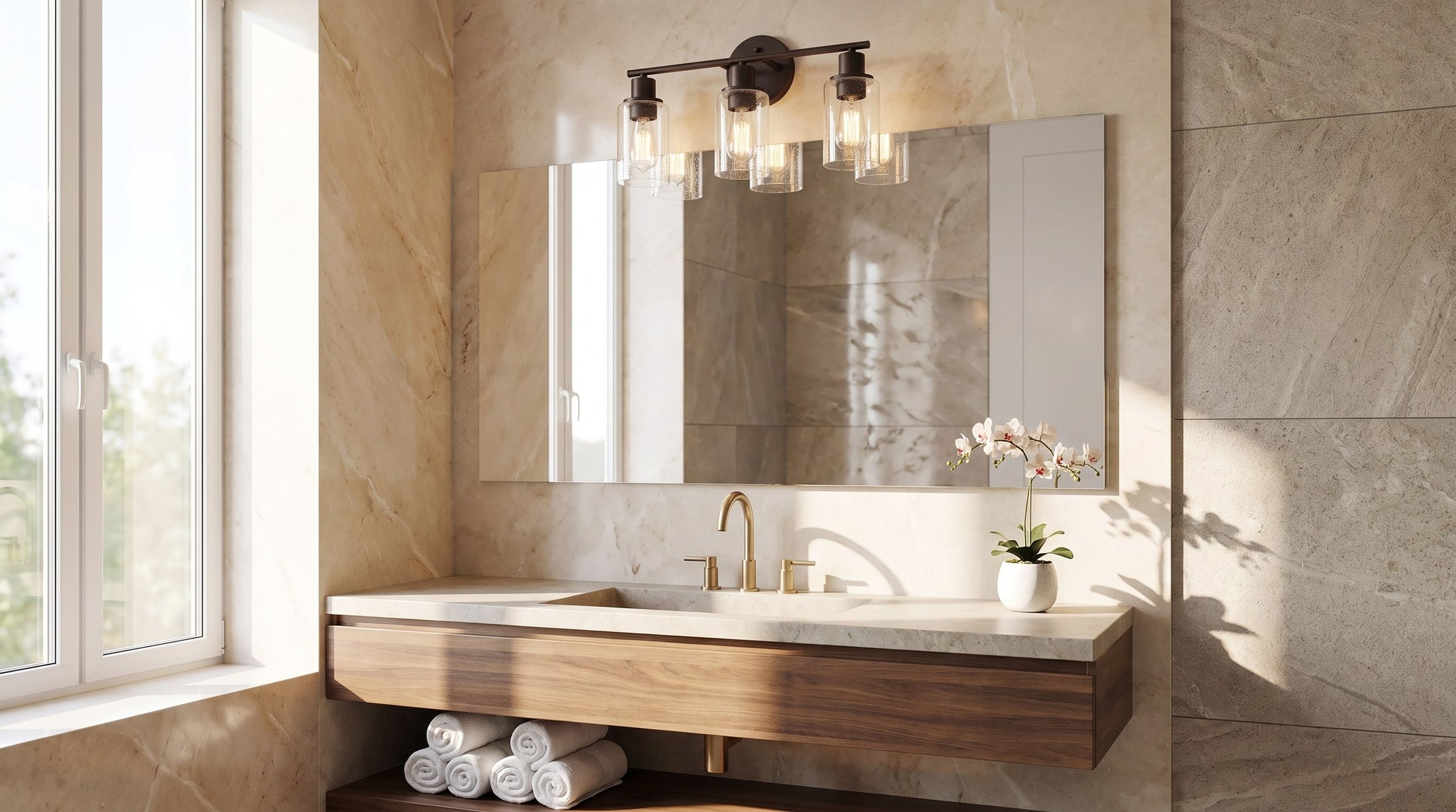 Bosco vanity light in a bright marble bathroom — lifestyle