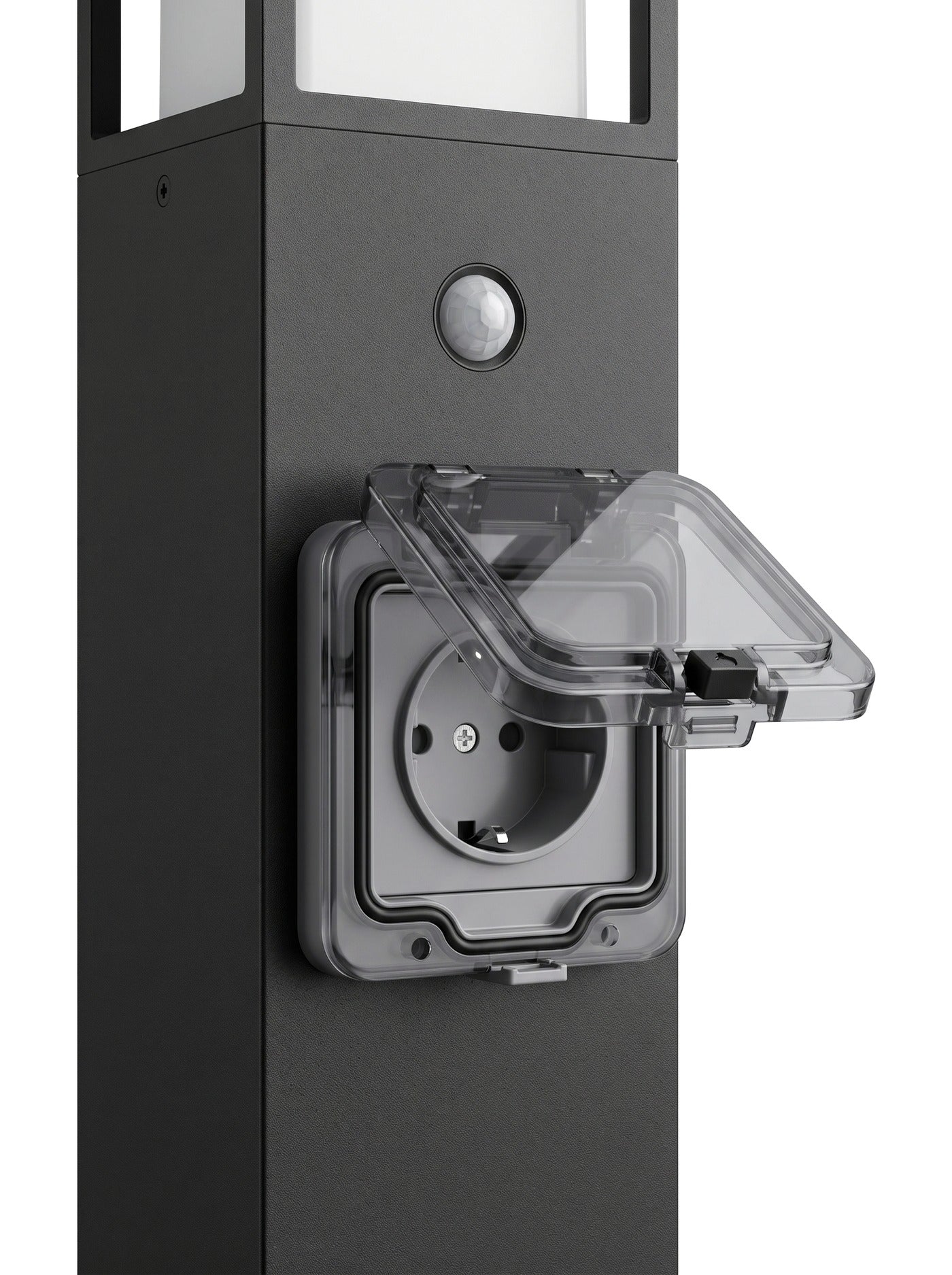 Close-up of the built-in weatherproof power socket and motion sensor