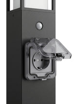 Close-up of the built-in weatherproof power socket and motion sensor