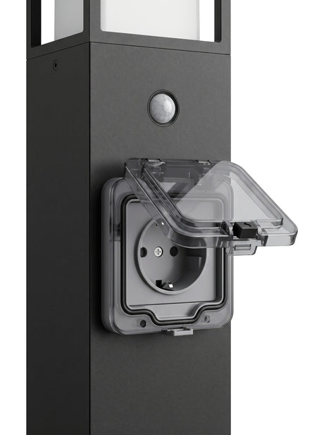 Close-up of the built-in weatherproof power socket and motion sensor