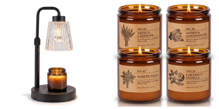 The Warm Ambiance Set — Ember warmer and Hearth candles, studio on white