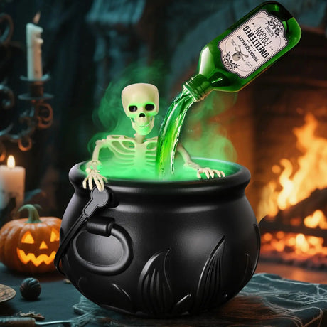 Halloween cauldron mist maker decor with floating potion bottle and green mist, hero view