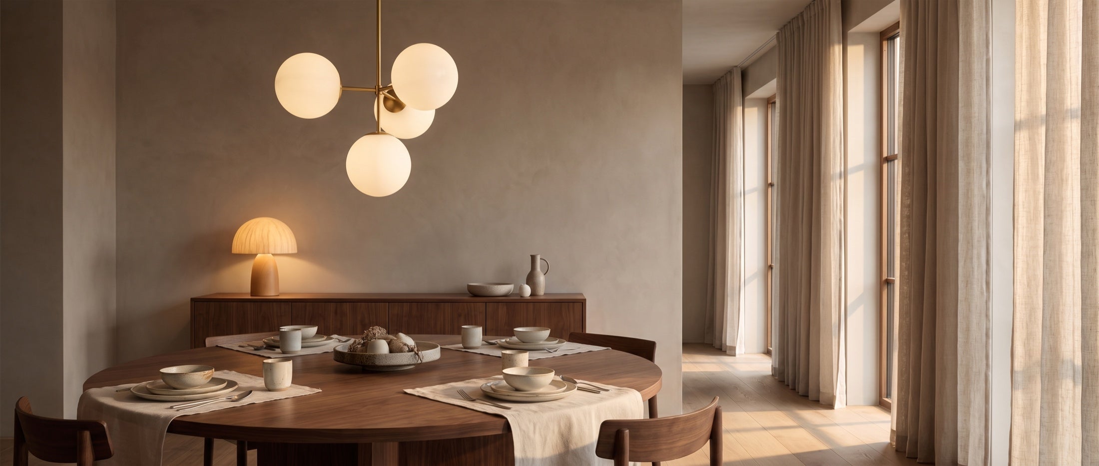 Gold globe chandelier over a walnut dining table with a wood table lamp at dusk — lifestyle