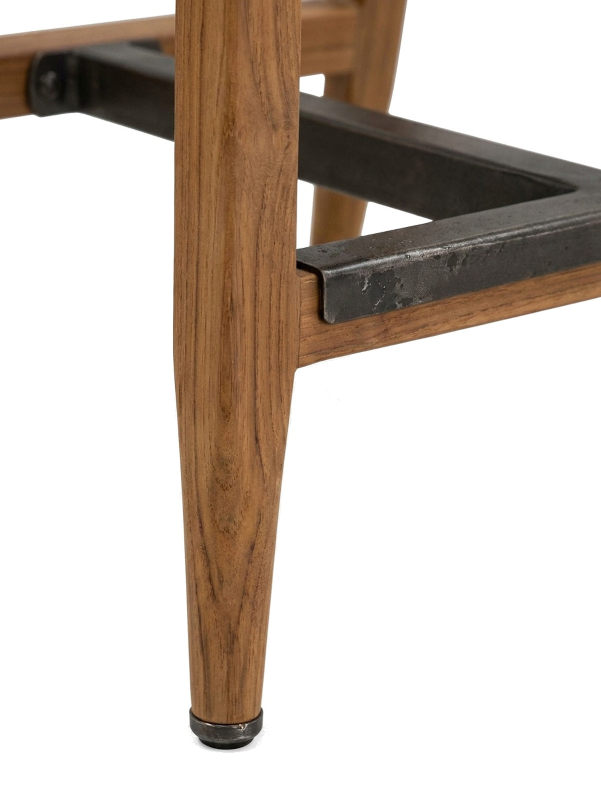 Corda teak-toned wood leg and metal footrest, close-up on white