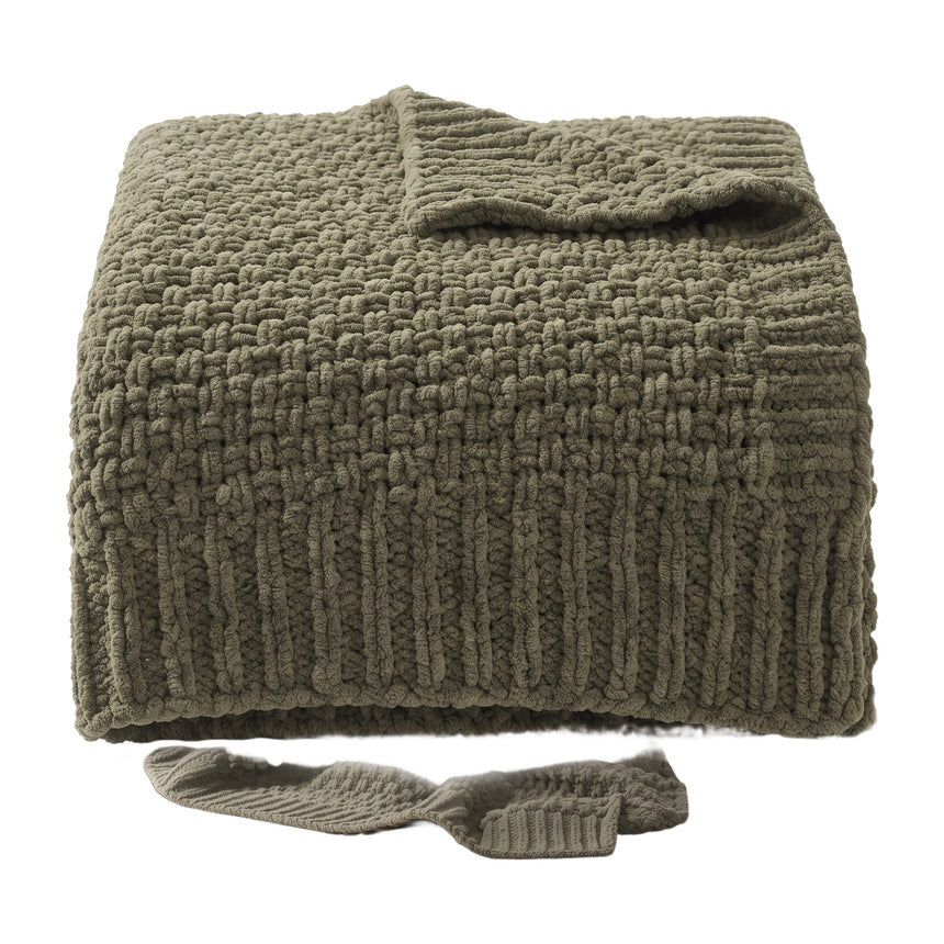 Fern olive chunky knit throw folded, studio on white