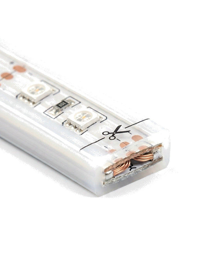 Filo cut end showing waterproof silicone profile and LED chips, close-up on white