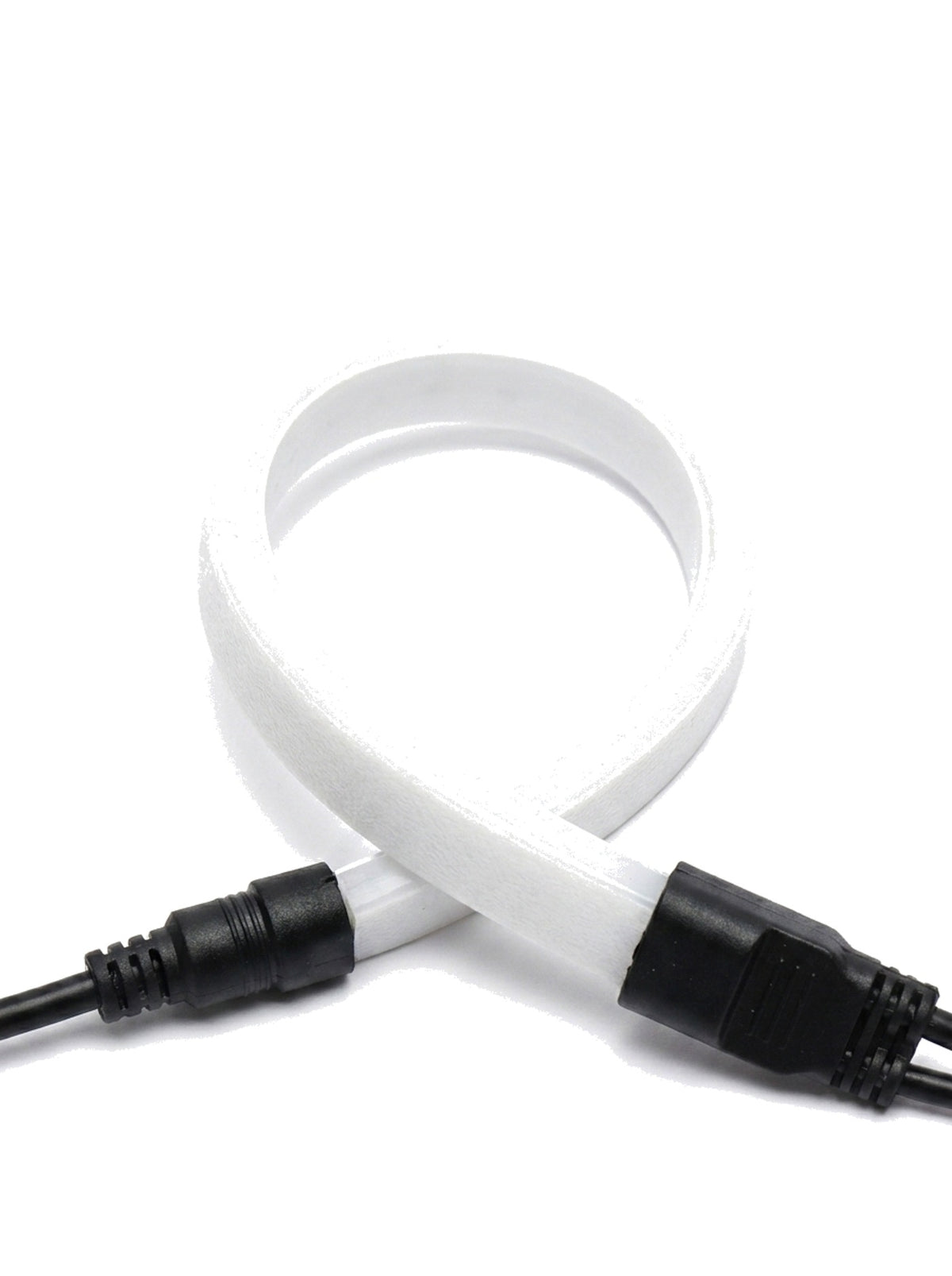 Filo strip bent around a tight radius with waterproof connector, close-up on white