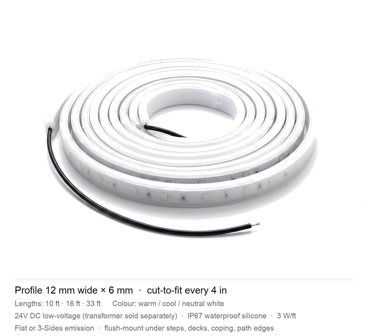 Filo specifications: 12 mm profile, 10/16/33 ft lengths, 24V, IP67