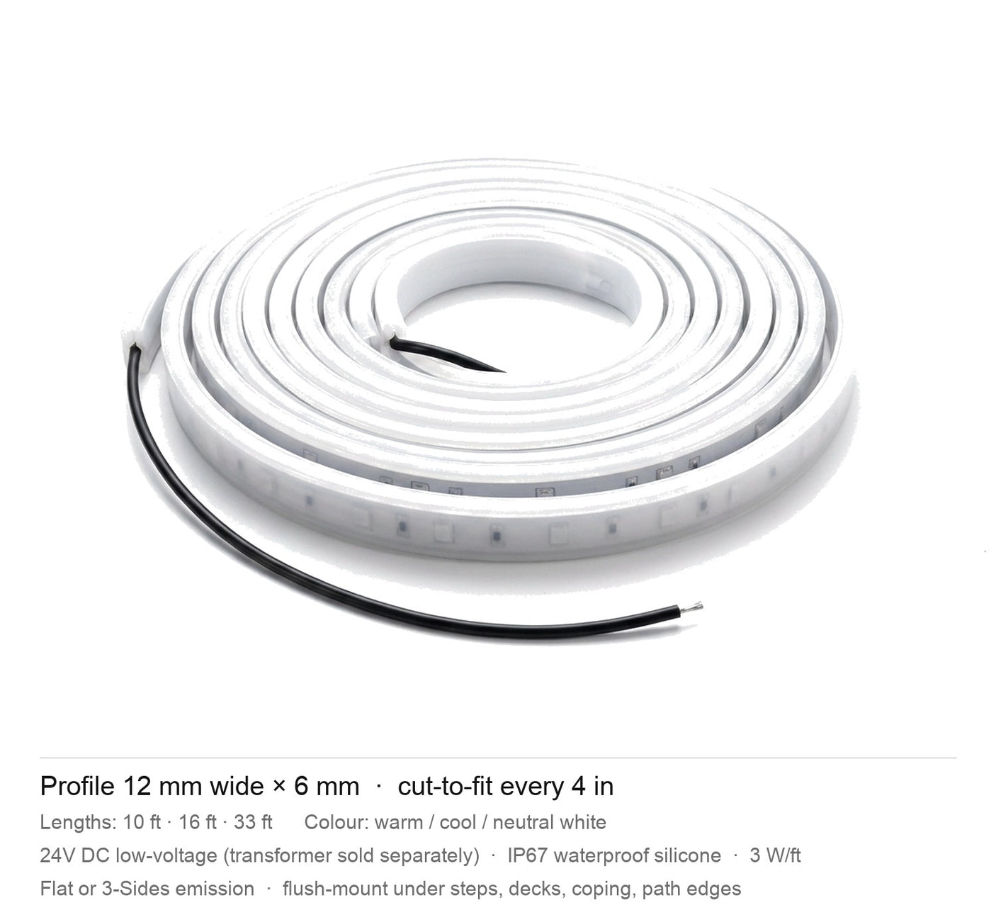Filo specifications: 12 mm profile, 10/16/33 ft lengths, 24V, IP67