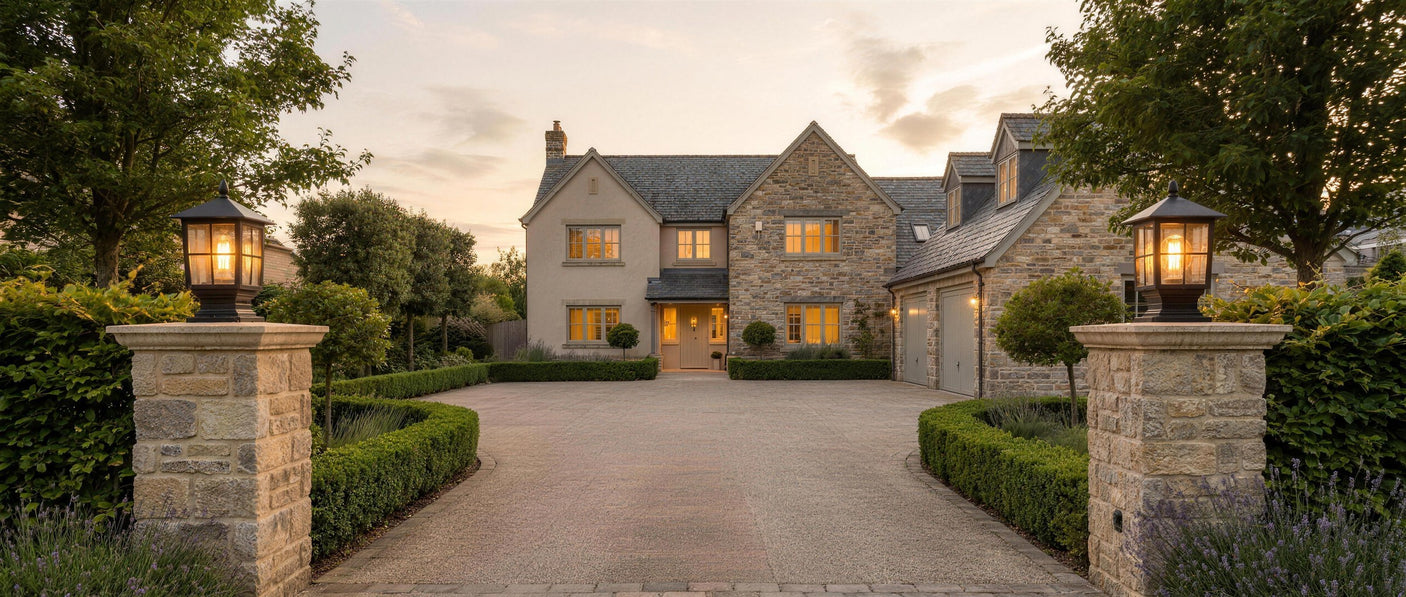 A pair of Gable lanterns on stone gate pillars at a driveway entrance at dusk, lifestyle scene