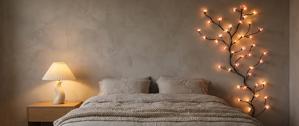 Hana blossom branch glowing in a cozy bedroom, lifestyle scene