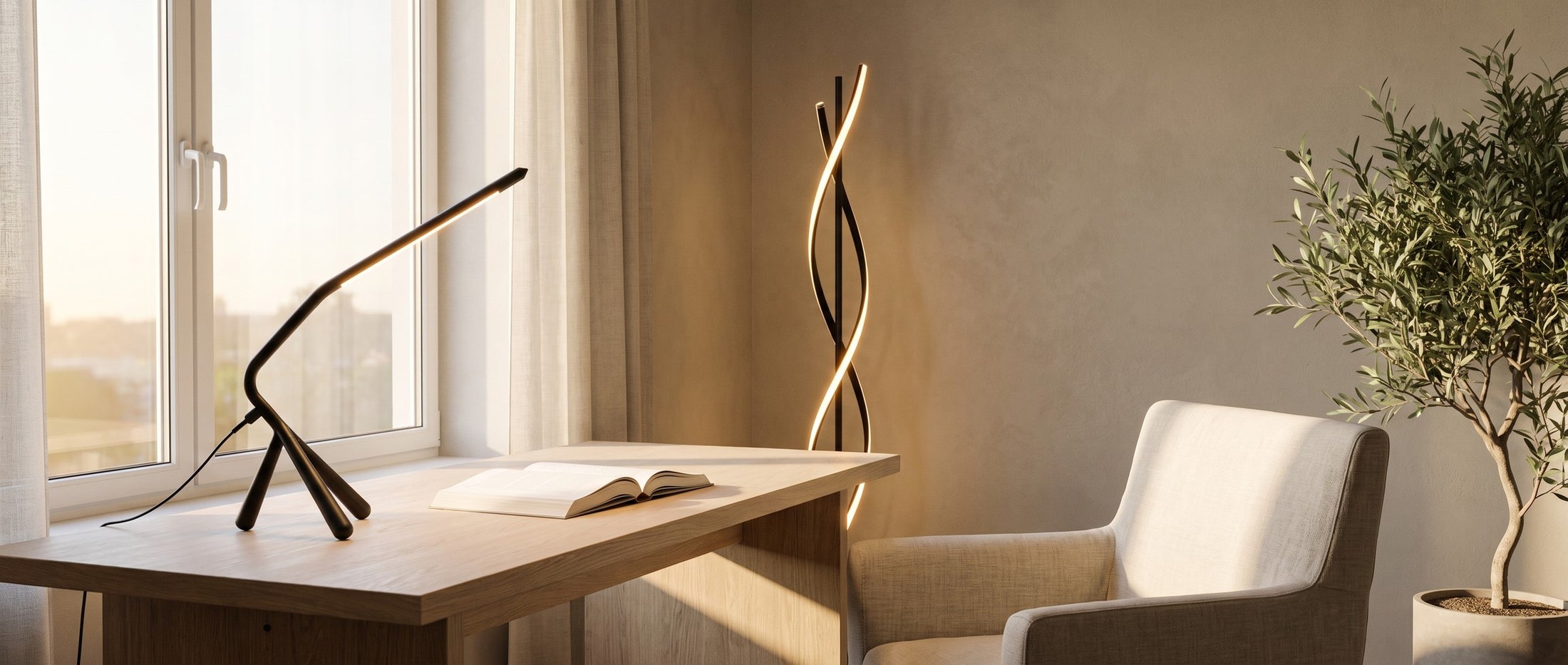 Heron reading lamp on a desk in a warm study, lifestyle scene