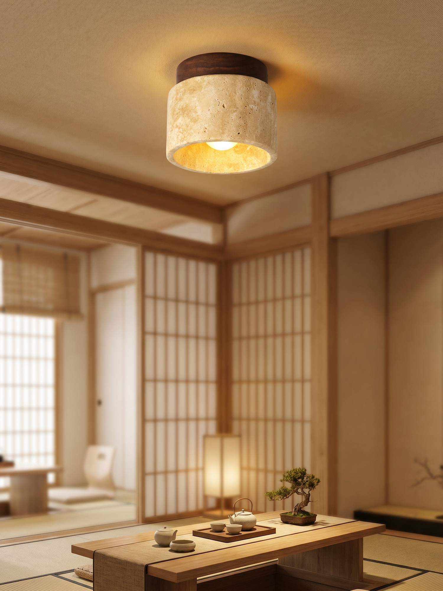 Japanese stone-wood LED ceiling light in living room, lifestyle