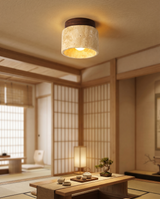 Japanese stone-wood LED ceiling light in living room, lifestyle