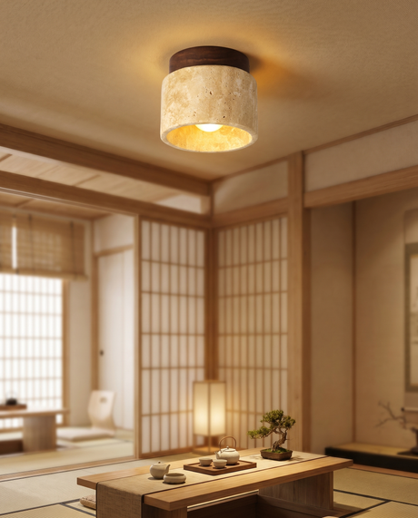 Japanese stone-wood LED ceiling light in living room, lifestyle
