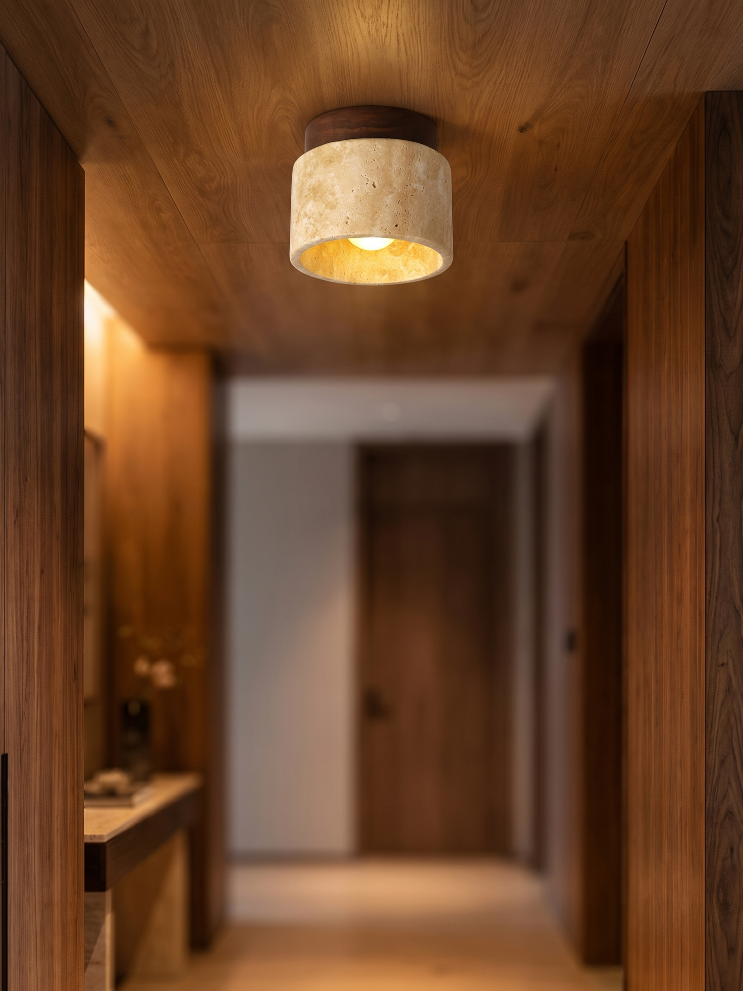 Japanese stone-wood LED ceiling light in corridor, lifestyle