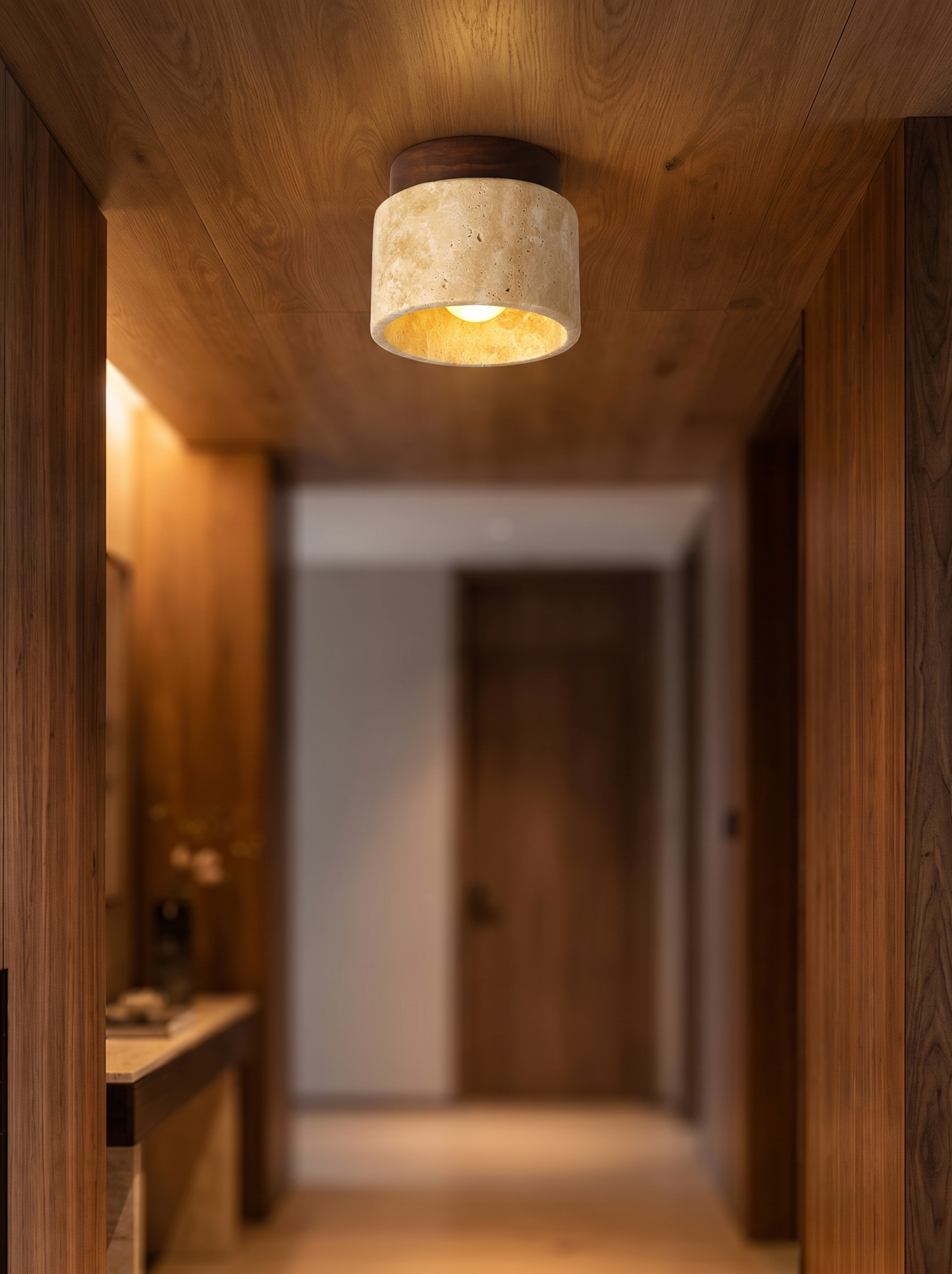 Japanese stone-wood LED ceiling light in corridor, lifestyle
