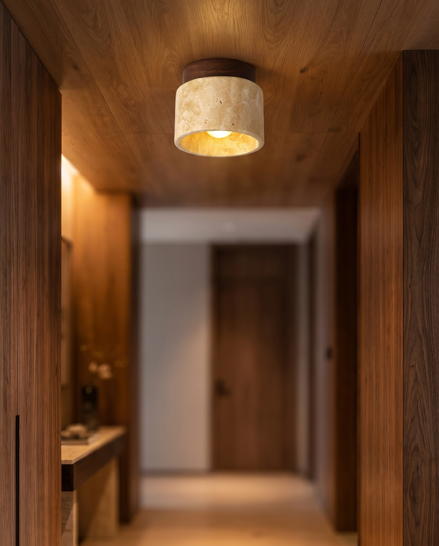 Japanese stone-wood LED ceiling light in corridor, lifestyle