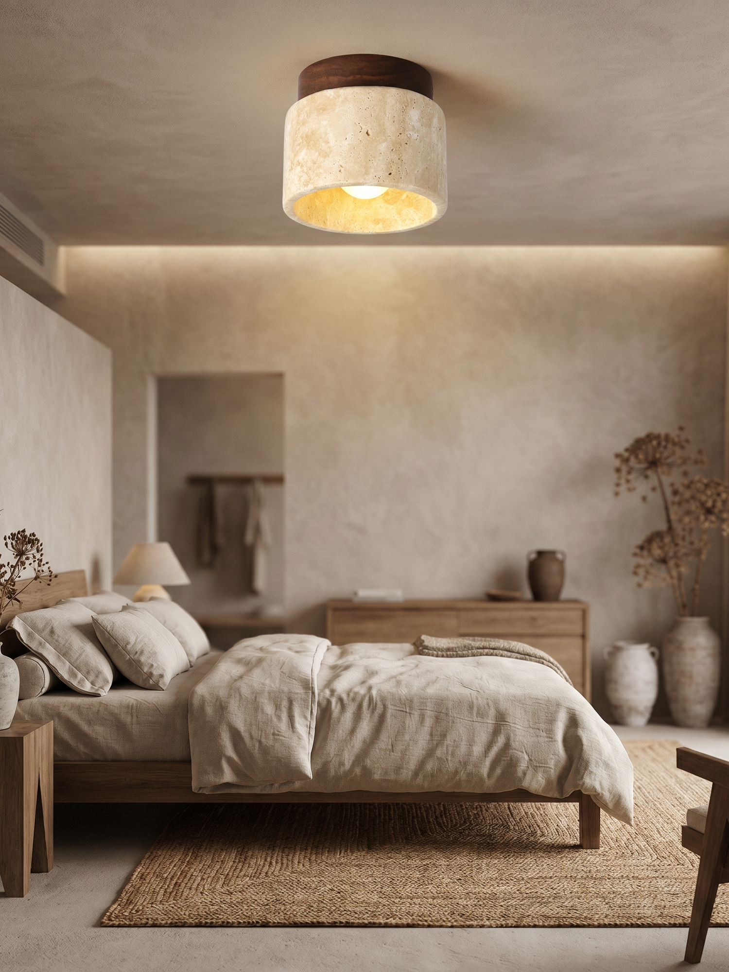 Japanese stone-wood LED ceiling light in bedroom, lifestyle