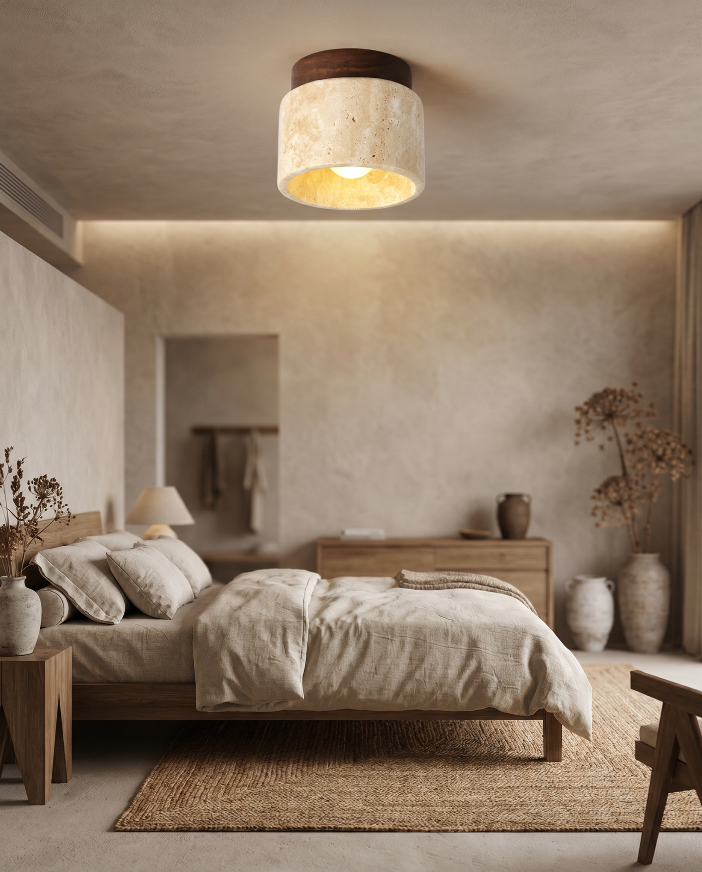 Japanese stone-wood LED ceiling light in bedroom, lifestyle
