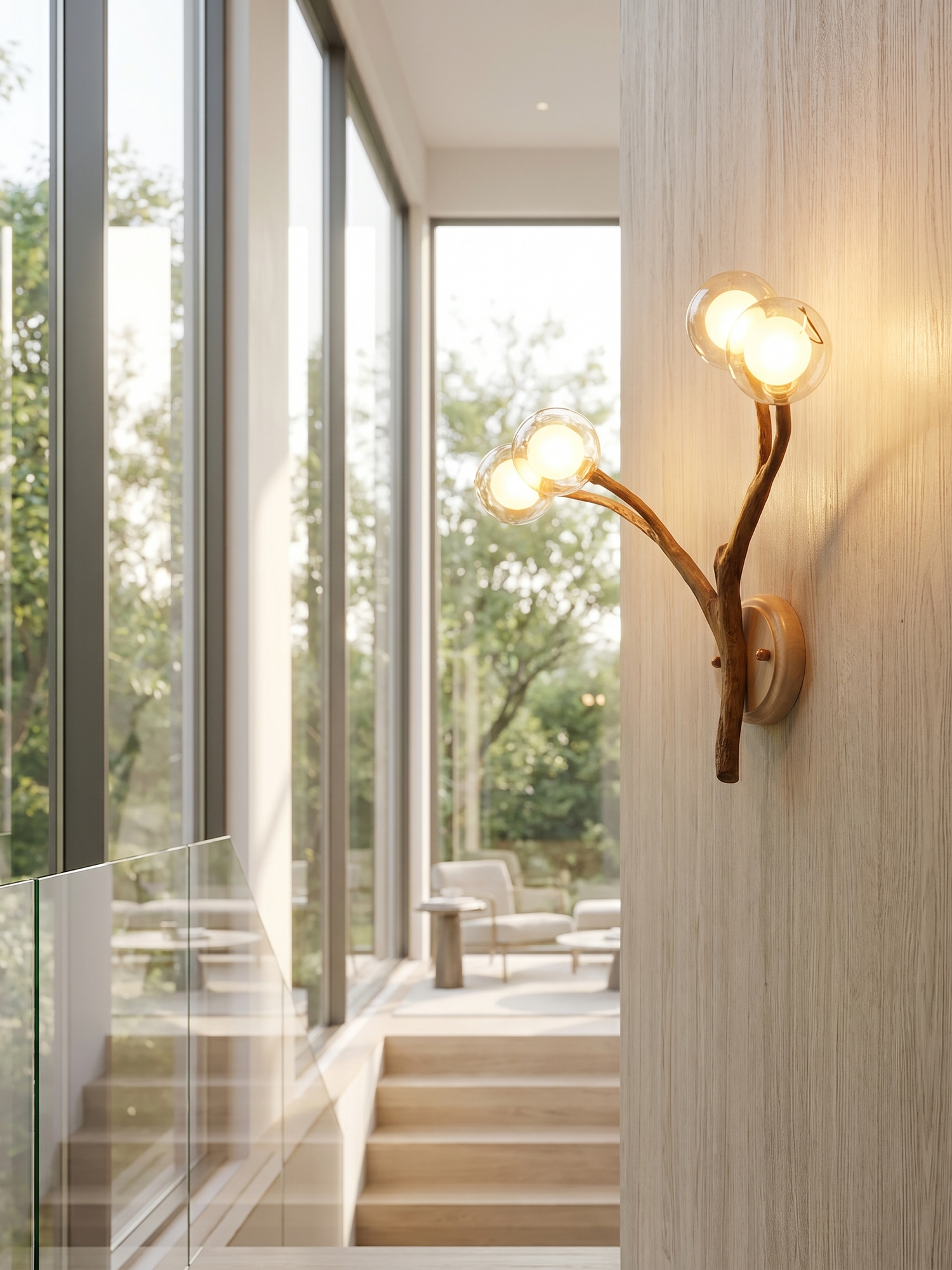 Nordic tree-branch bubble chandelier in stairwell, lifestyle