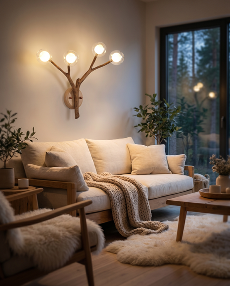 Nordic tree-branch bubble chandelier in living room, lifestyle