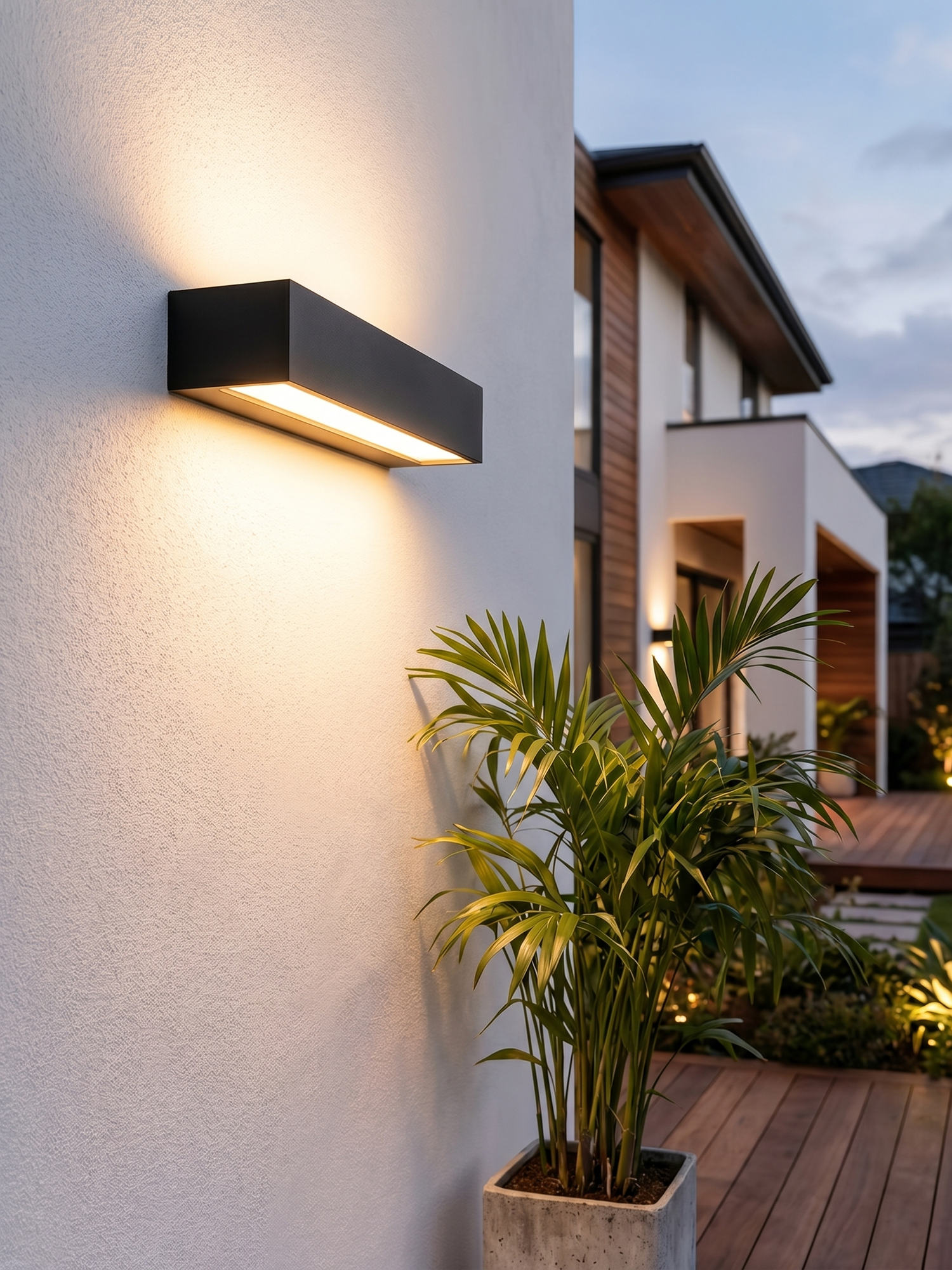 Outdoor LED wall light mounted on house wall at dusk, lifestyle