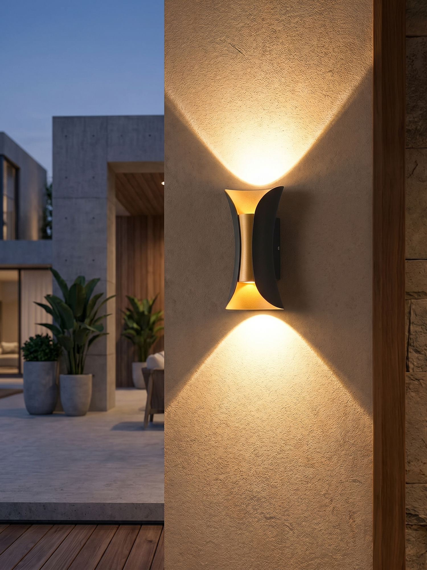 Curved LED wall sconce up-down lighting outdoors, lifestyle