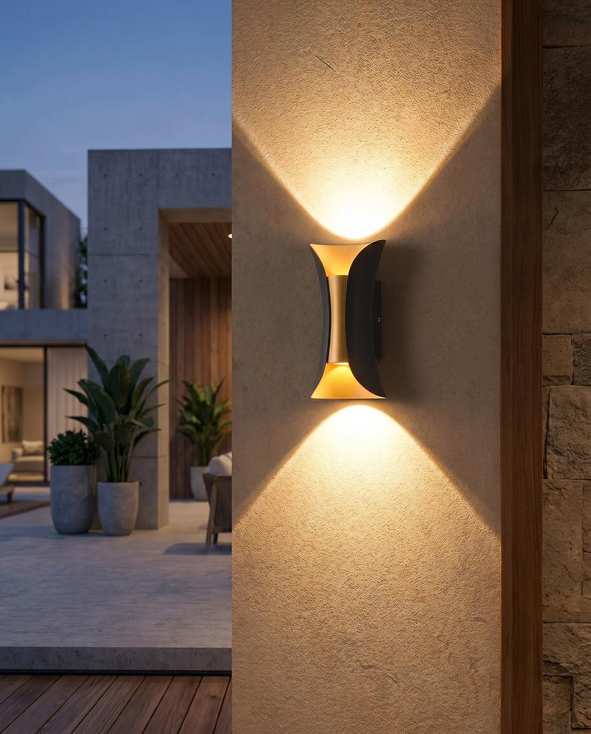 Curved LED wall sconce up-down lighting outdoors, lifestyle