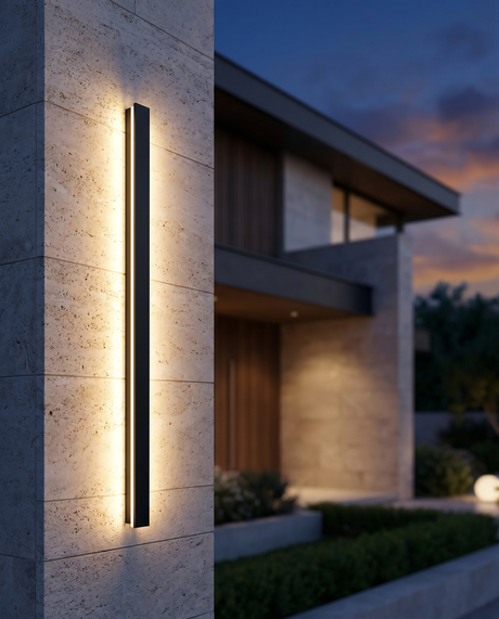 Linear LED outdoor wall sconce on modern facade, lifestyle