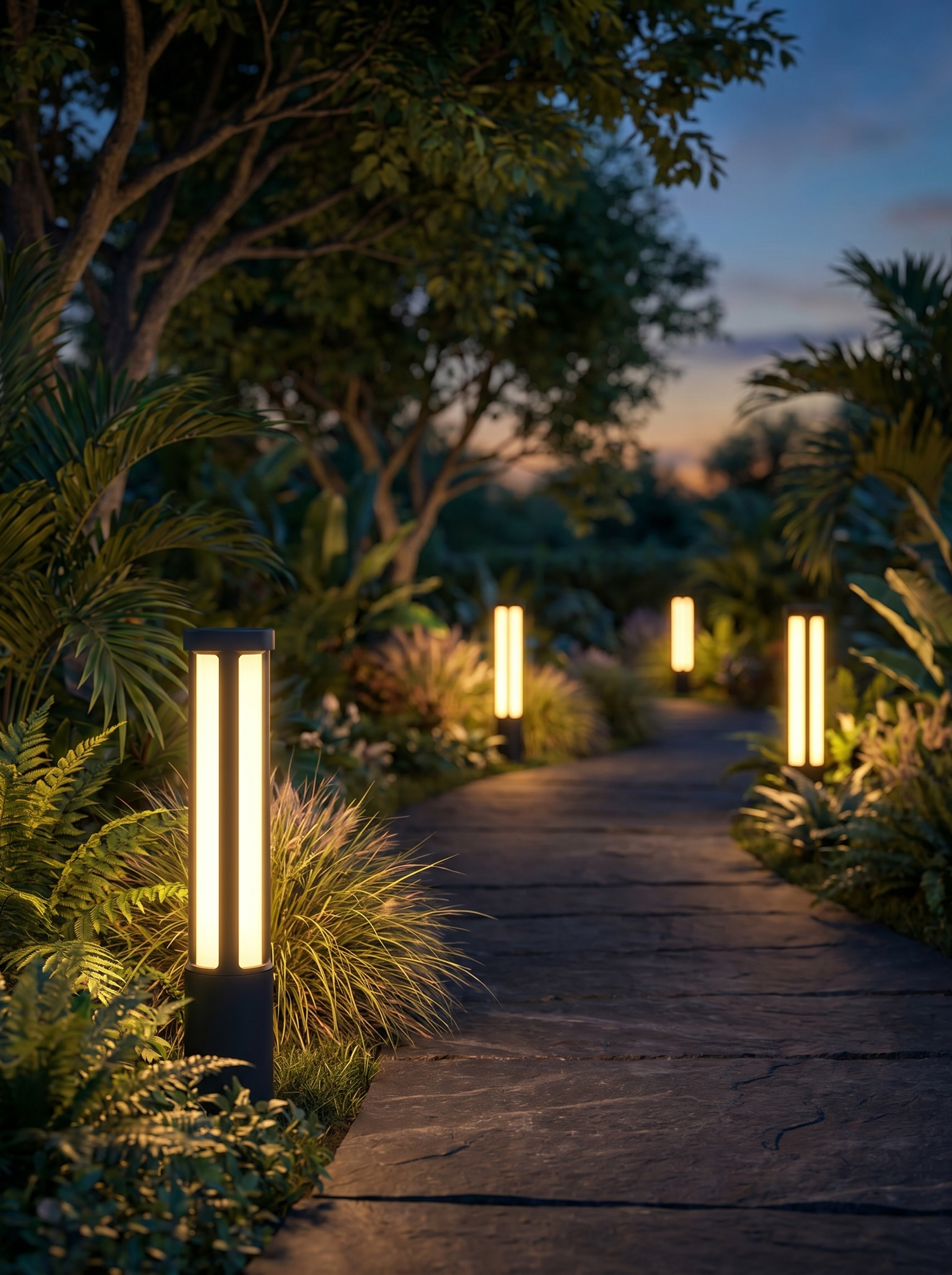 Cylindrical LED bollard lights along garden path, lifestyle