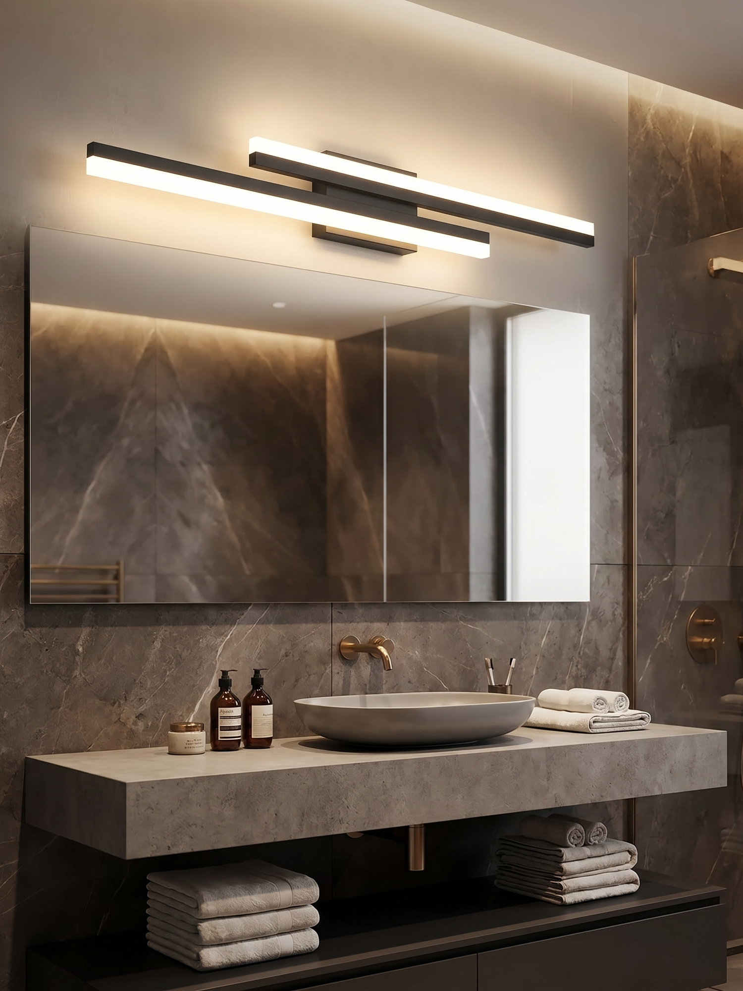 Asymmetric iron vanity light bar above mirror, lifestyle