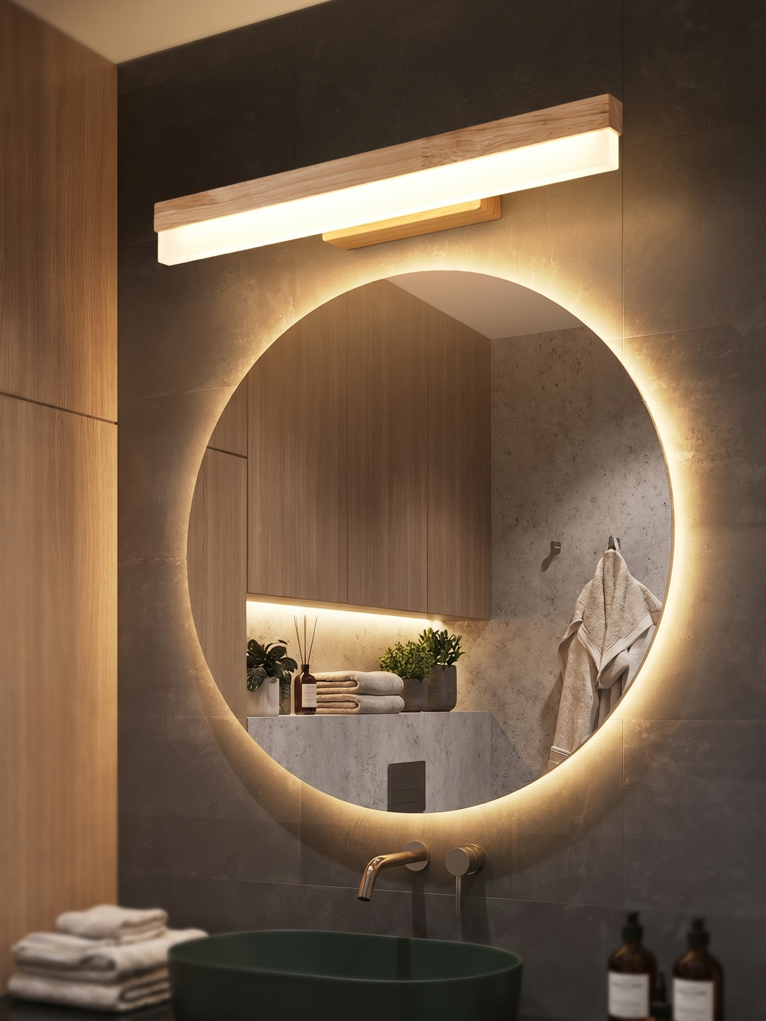 Natural wooden LED vanity light above mirror, lifestyle
