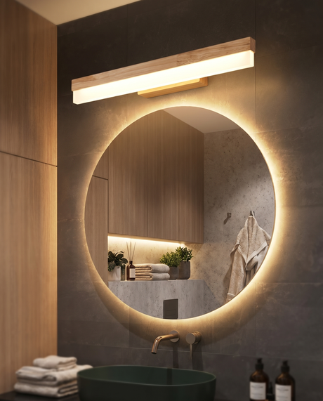 Natural wooden LED vanity light above mirror, lifestyle