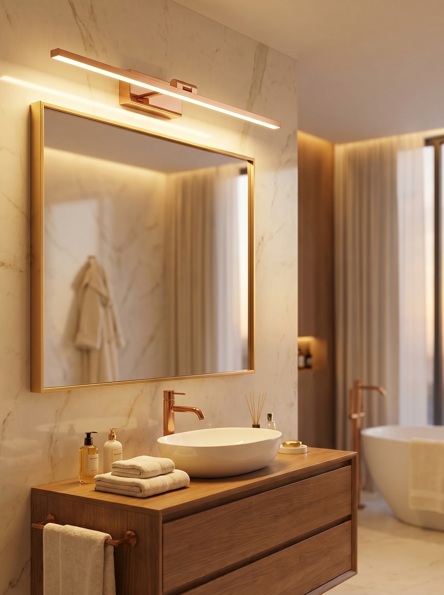Modern copper vanity light above mirror, lifestyle