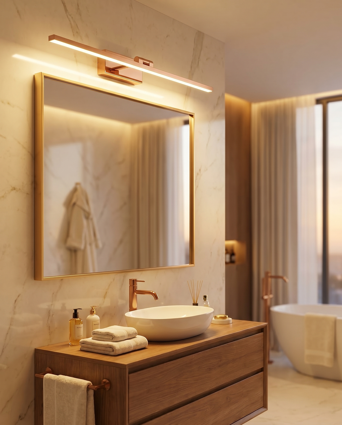 Modern copper vanity light above mirror, lifestyle