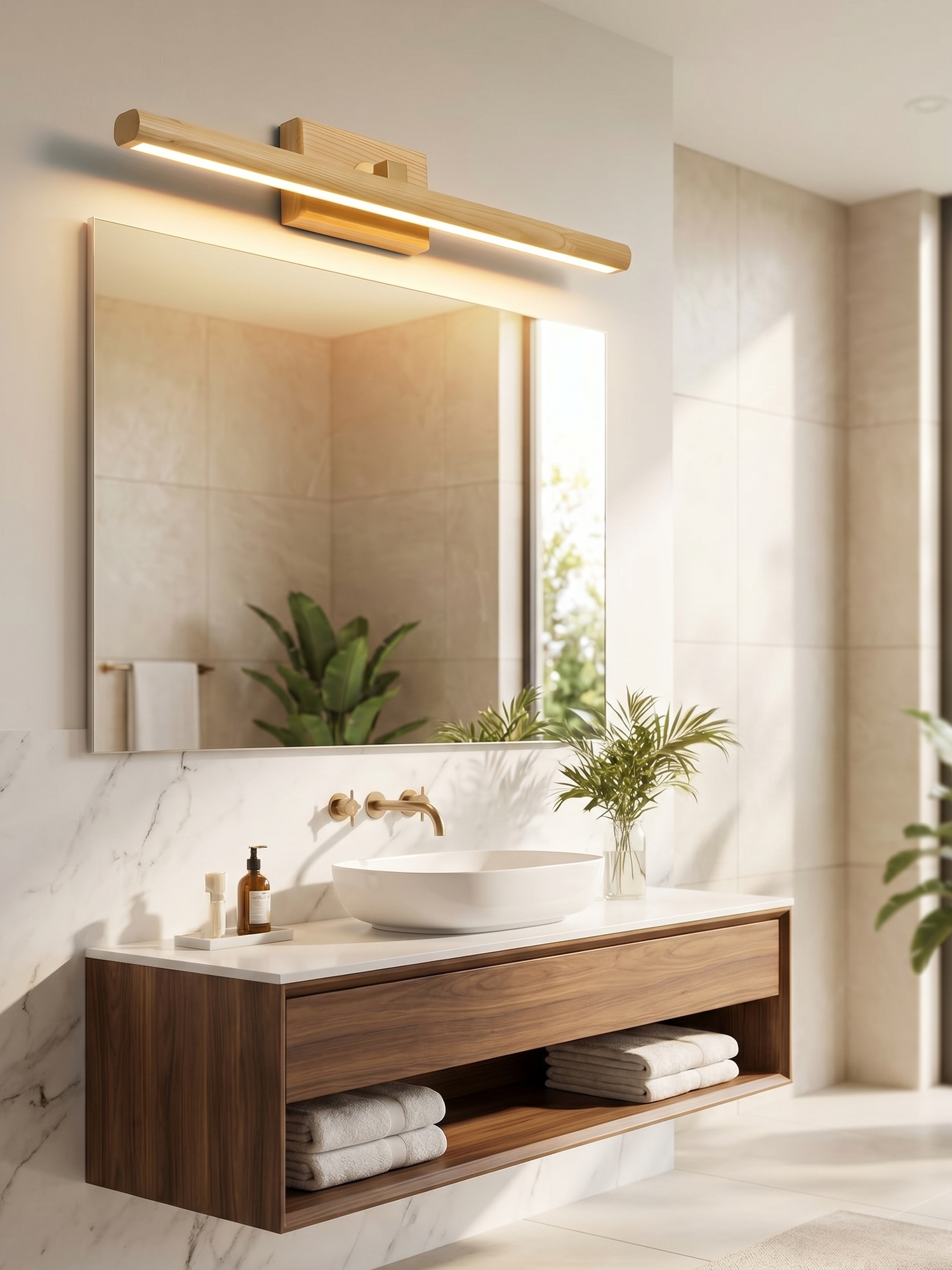 Rotatable wood LED vanity light above mirror, lifestyle