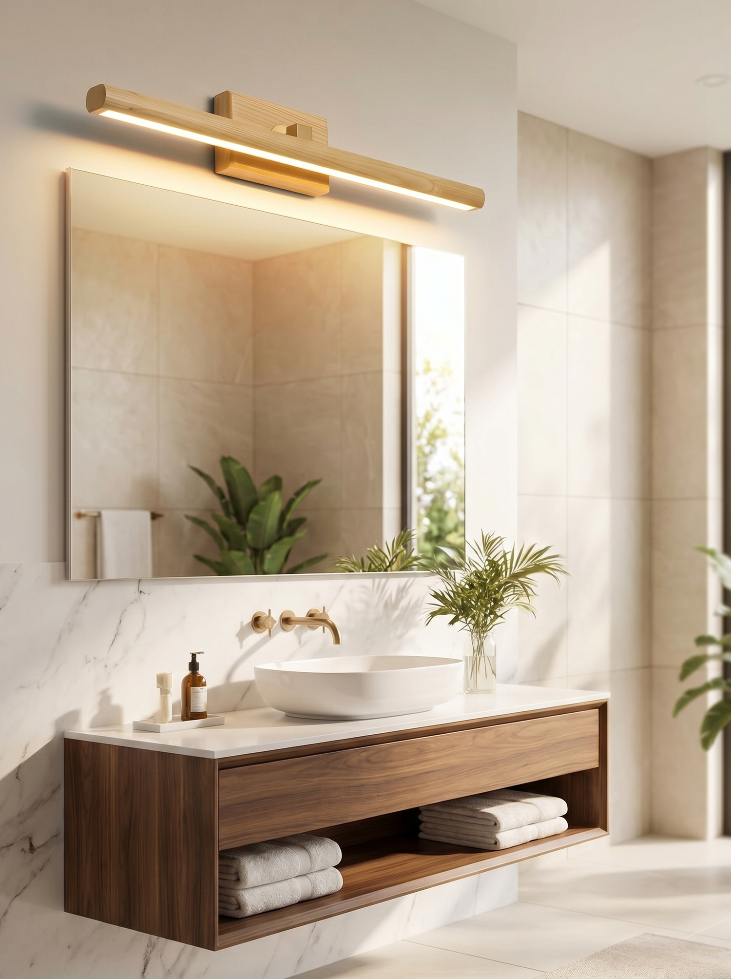Rotatable wood LED vanity light above mirror, lifestyle