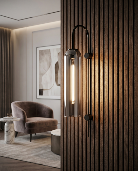 Multi-colored modern LED wall sconce on accent wall, lifestyle