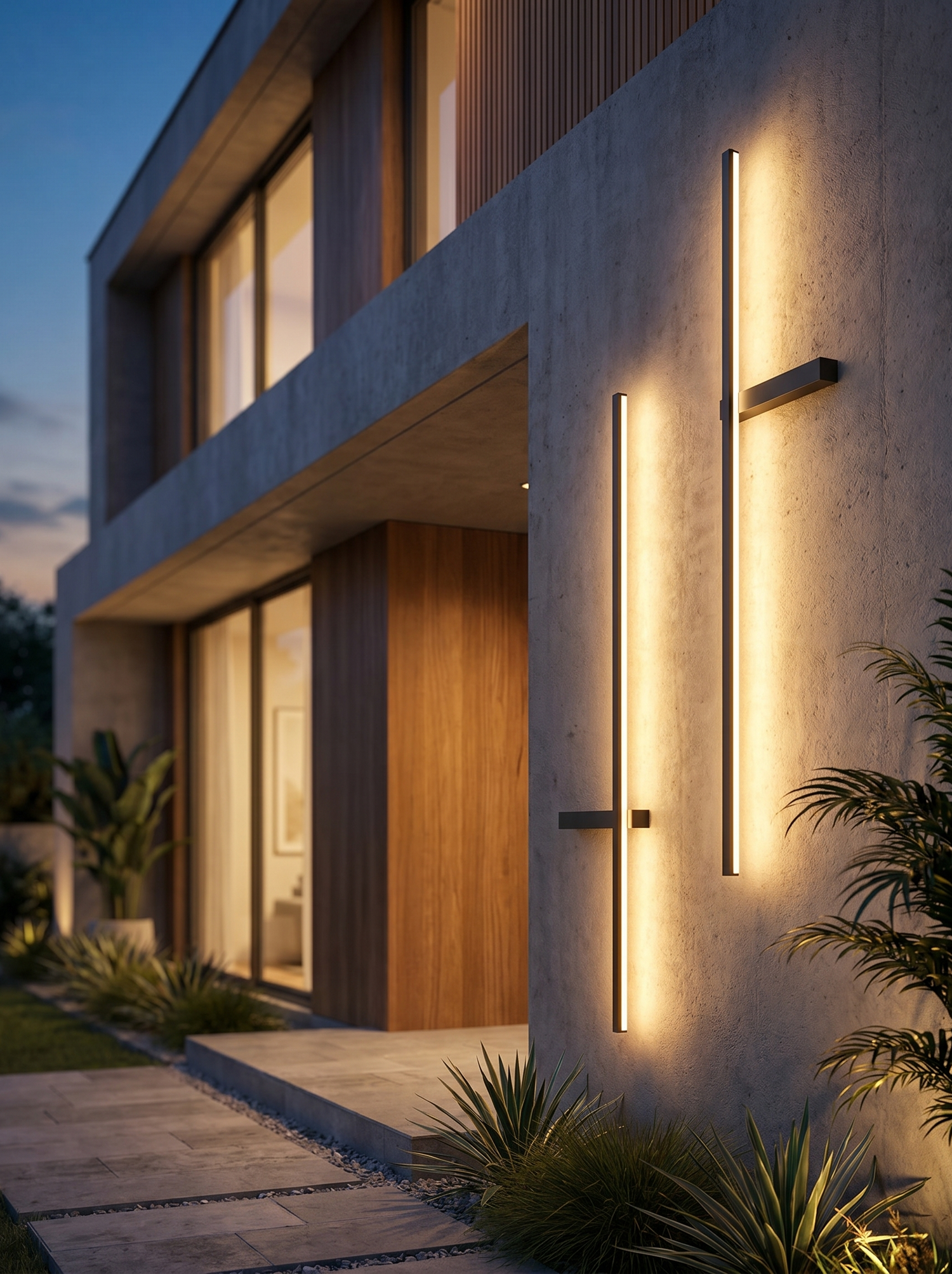 Outdoor pillar wall light on exterior wall at dusk, lifestyle
