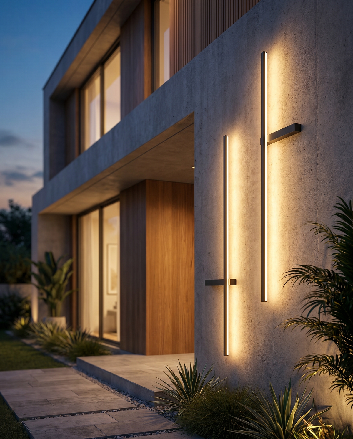 Outdoor pillar wall light on exterior wall at dusk, lifestyle