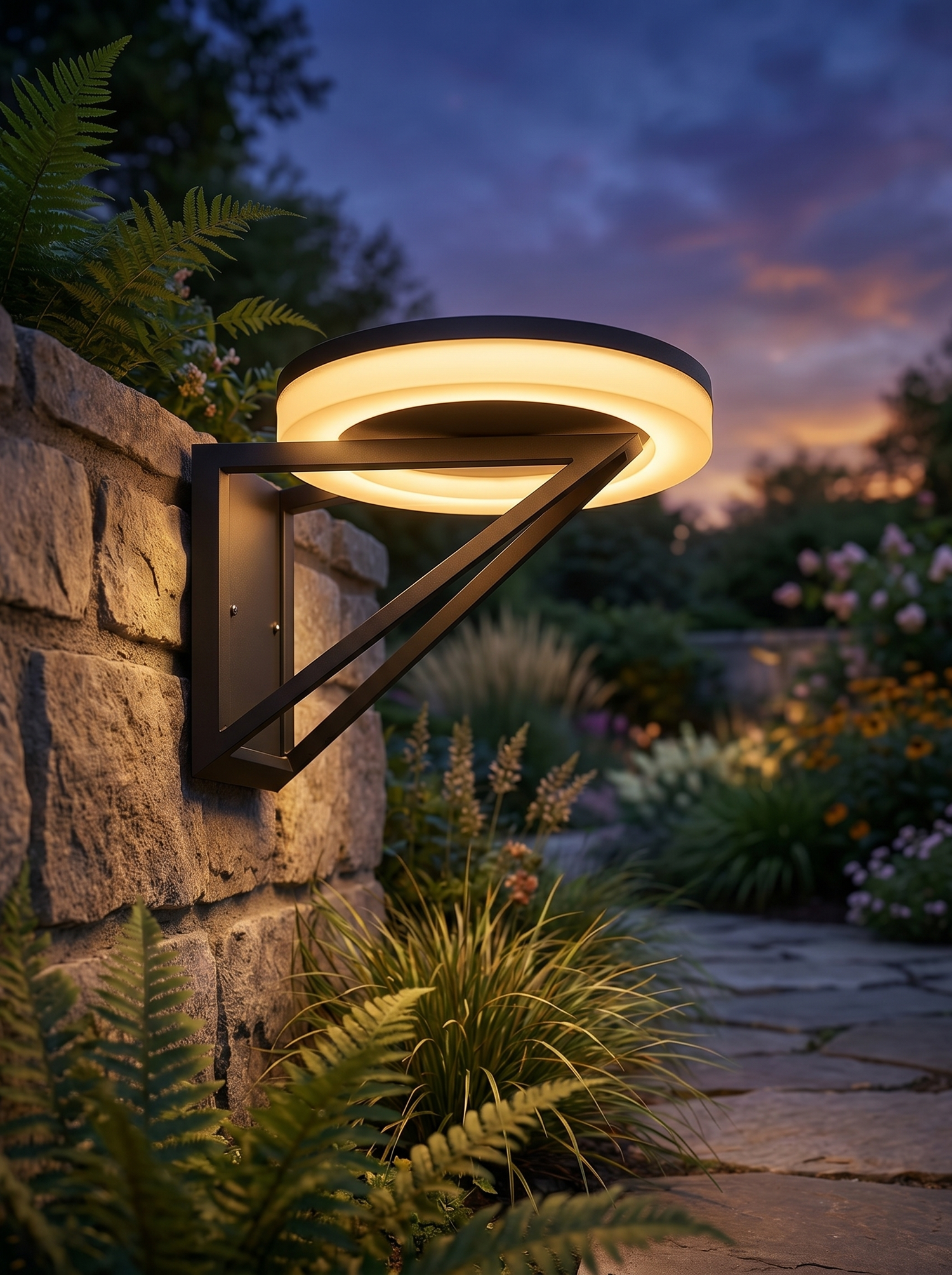Solar outdoor accent light on garden wall at dusk, lifestyle