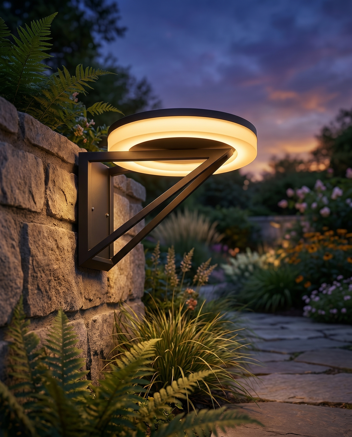 Solar outdoor accent light on garden wall at dusk, lifestyle