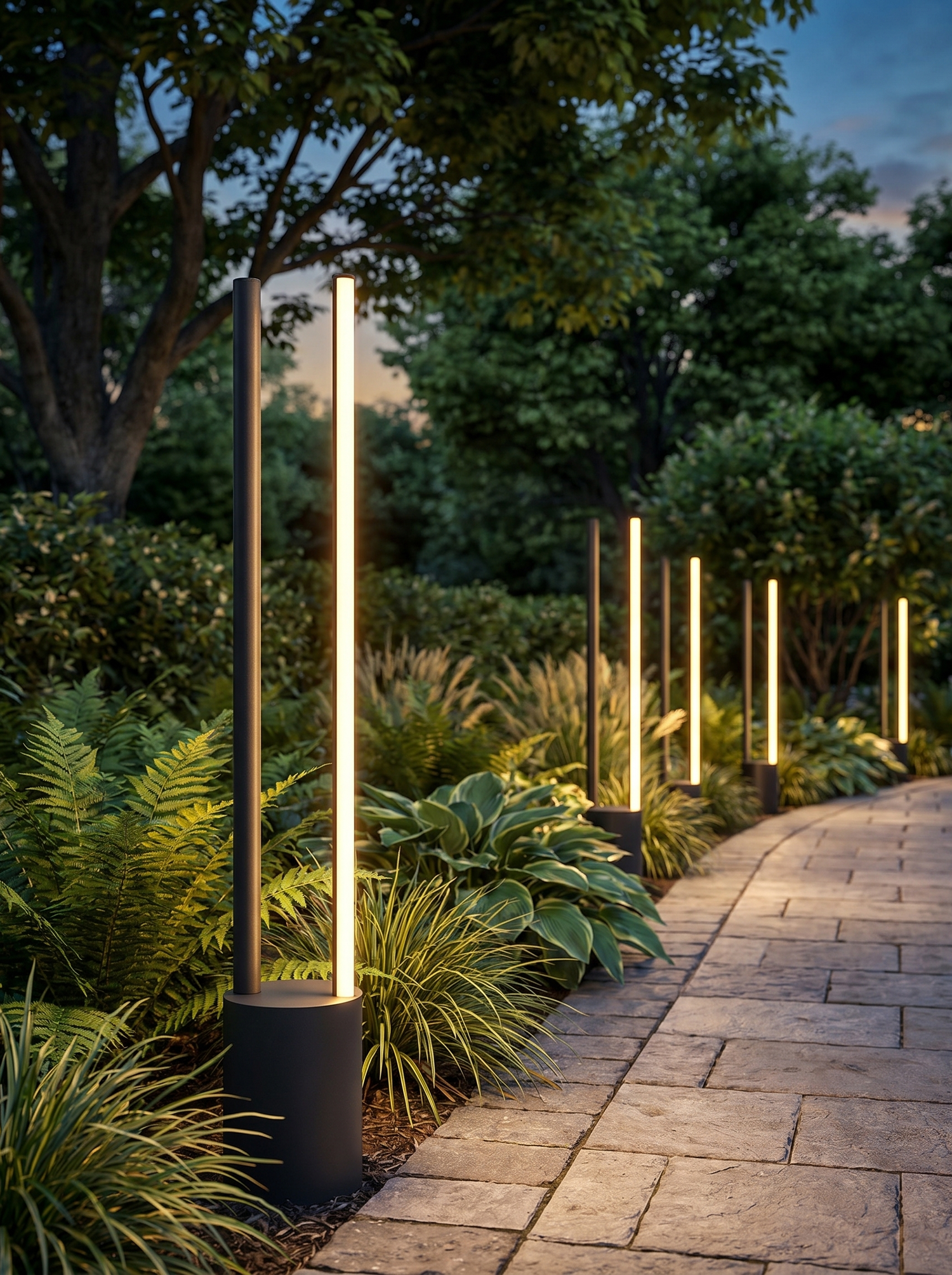 Modern pathway light along garden walkway at dusk, lifestyle