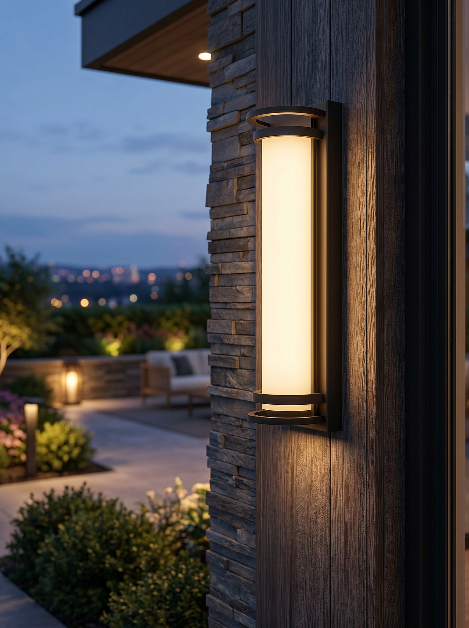 Waterproof outdoor LED wall sconce at dusk, lifestyle