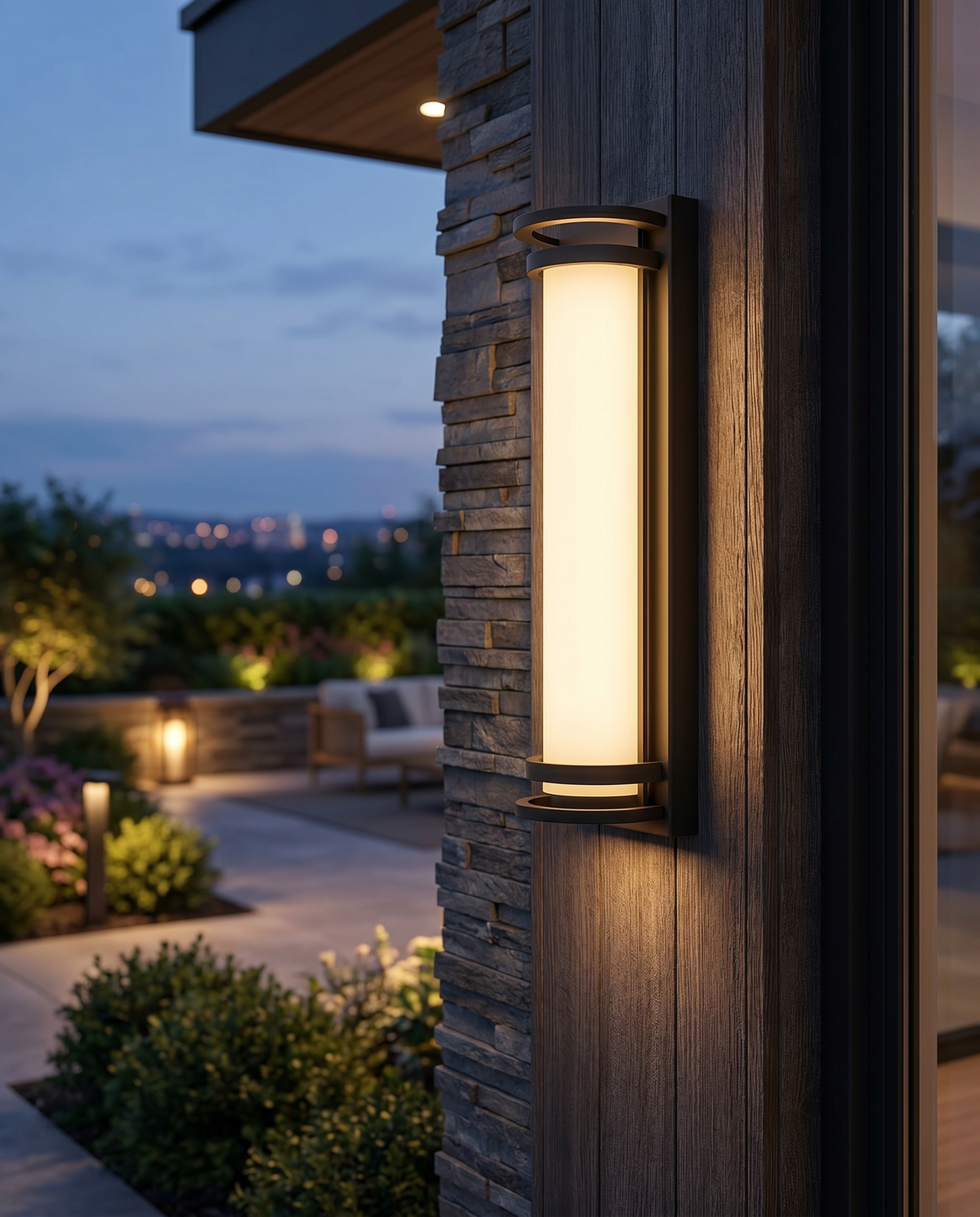 Waterproof outdoor LED wall sconce at dusk, lifestyle