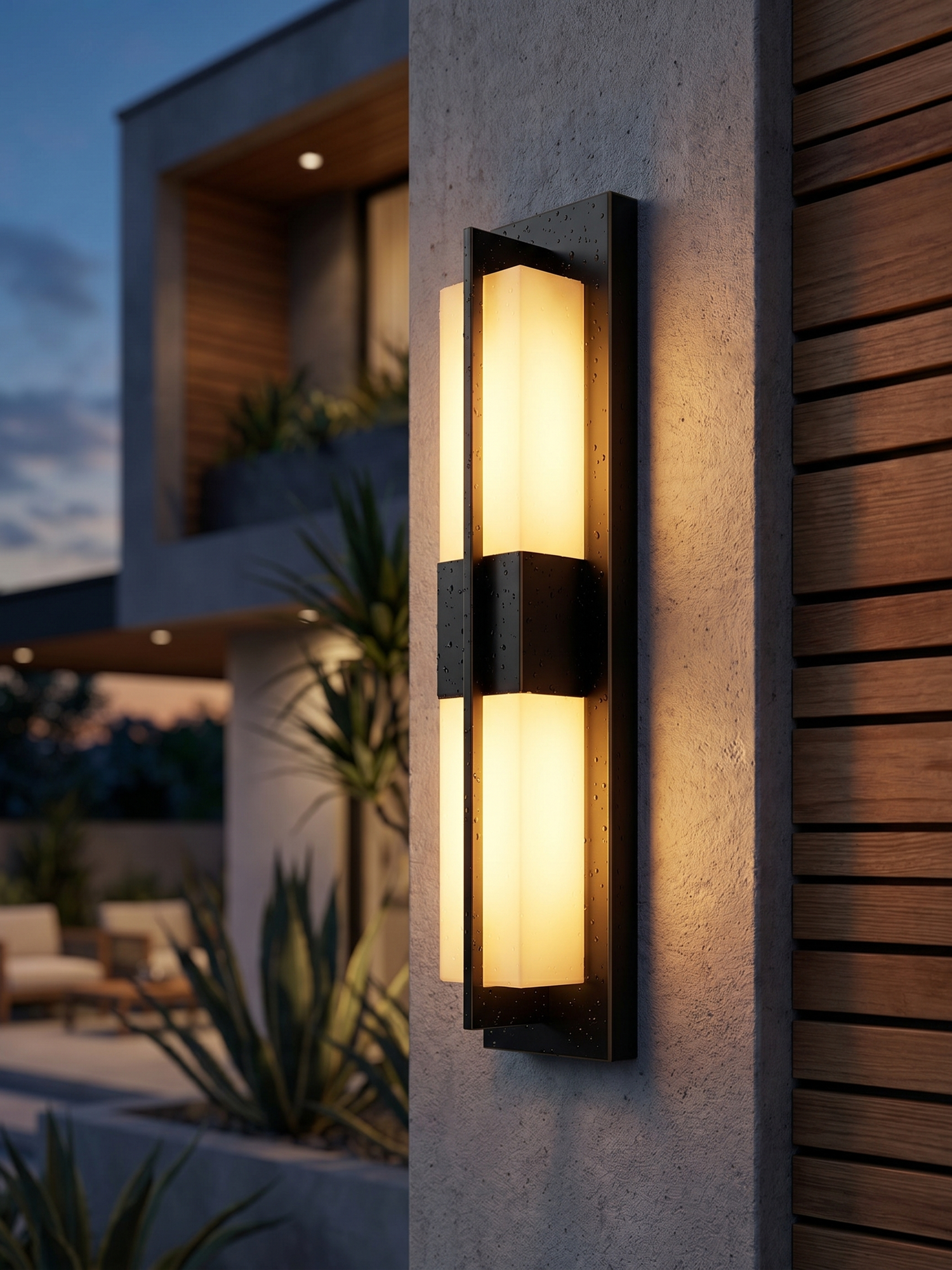 Waterproof outdoor wall sconce at dusk, lifestyle