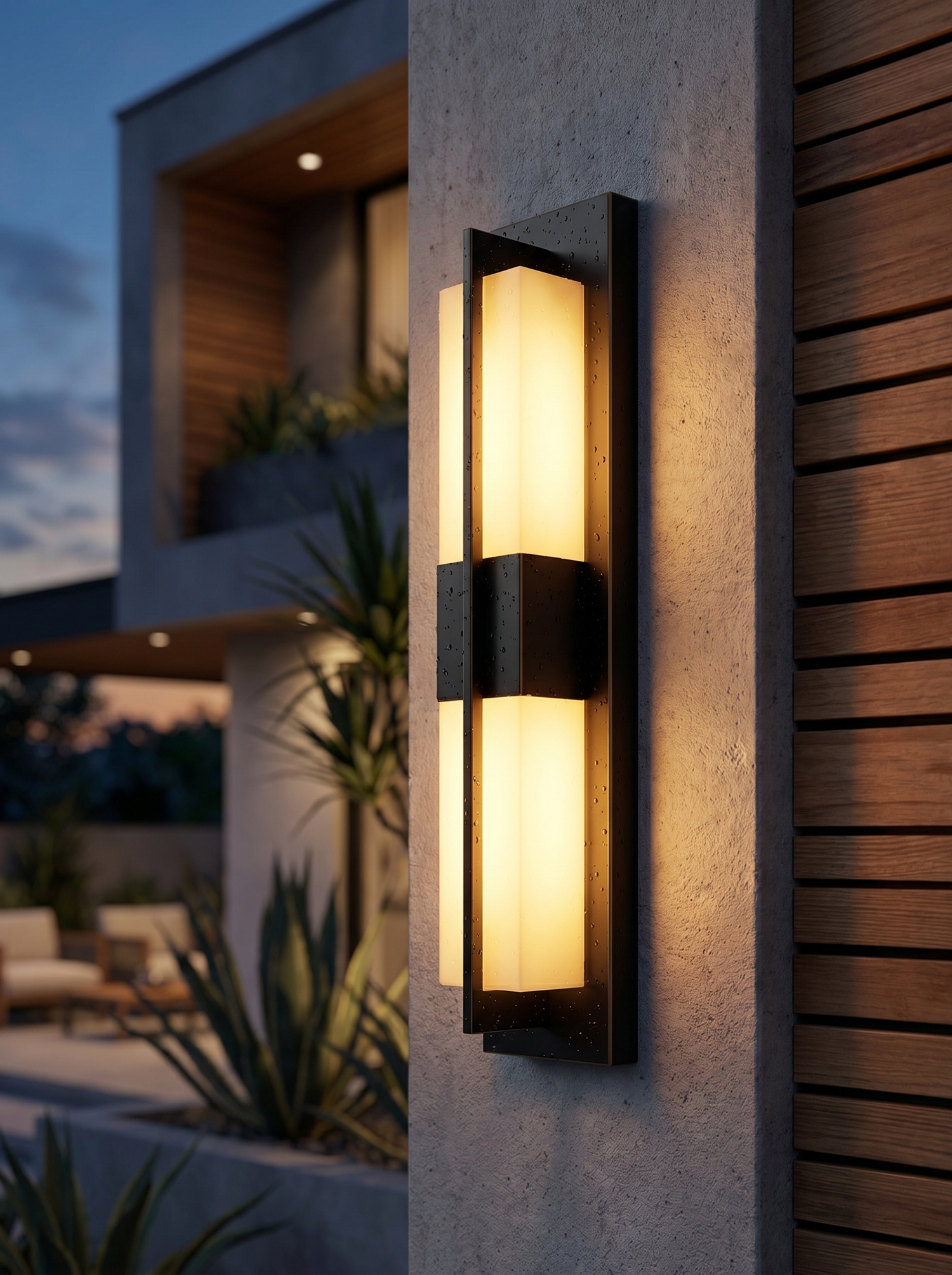 Waterproof outdoor wall sconce at dusk, lifestyle