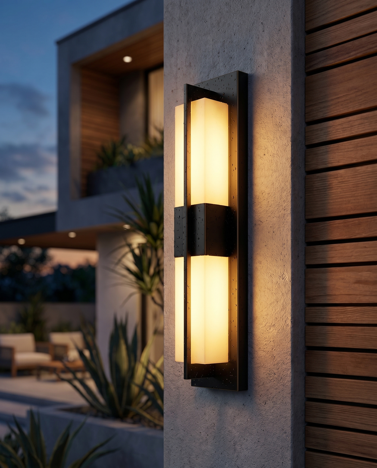 Waterproof outdoor wall sconce at dusk, lifestyle
